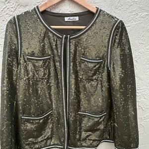Amélie collarless Dark Green sequin jacket with silver Chain trim Size S Paris